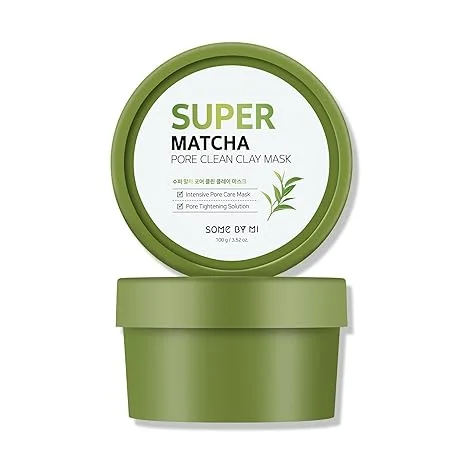 Green container of Super Matcha Pore Clean Clay Mask with lid showcasing product label and details.